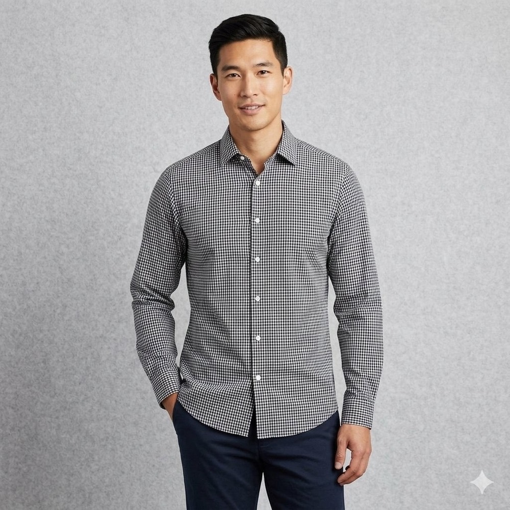 Ben Sherman Tailoring Mens Navy White Gingham Check Slim Fit Shirt 15.5 34-35‎